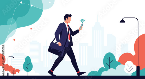 Modern businessman in a suit walking through a stylized city park while looking at his smartphone, which has a strong wifi signal.