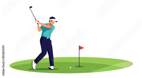 Male golfer in a teal shirt and visor captured in mid-swing, hitting a golf ball on a lush green course with the flag in the background.