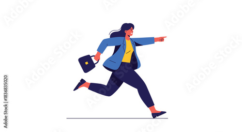 Dynamic illustration of a determined businesswoman in a blue suit running forward with a briefcase while confidently pointing the way ahead.