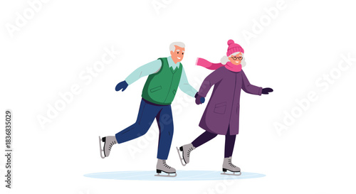 Happy senior couple holding hands and smiling while ice skating together, enjoying an active winter lifestyle and their enduring love.