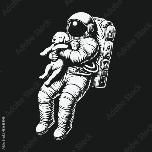 Astronaut in a spacesuit holding a cute puppy in zero gravity.