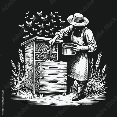 Vintage beekeeper harvesting honey from a wooden beehive illustration.