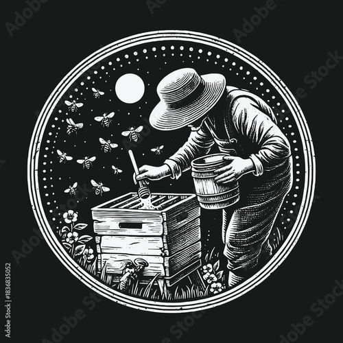 Vintage woodcut illustration of a beekeeper tending a hive at night.