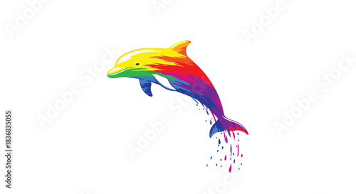 Artistic illustration of a leaping dolphin created with vibrant, dripping rainbow-colored paint strokes for a creative and modern design.