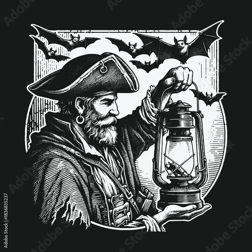Gothic Pirate Captain with a Glowing Lantern Surrounded by Bats.