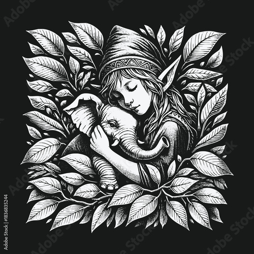 Enchanting Elf Maiden and Baby Elephant in a Gentle Embrace.