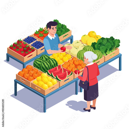Isometric illustration of a fruit and vegetable market stall with a vendor and a customer.