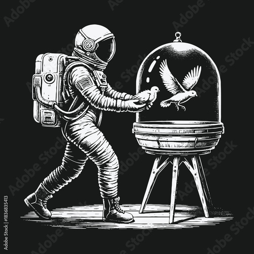 Surreal black and white illustration of an astronaut with doves in a glass cloche.