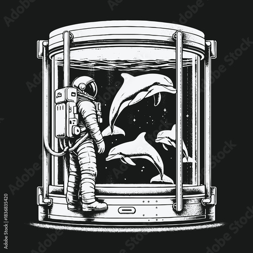Astronaut observes dolphins swimming in a cosmic aquarium tank.