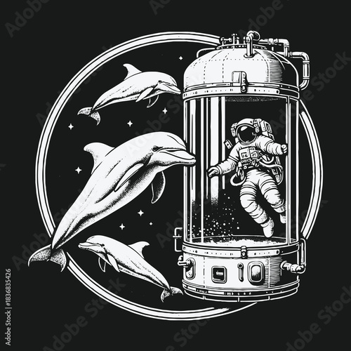 Monochrome surreal illustration of an astronaut in a chamber with space dolphins.