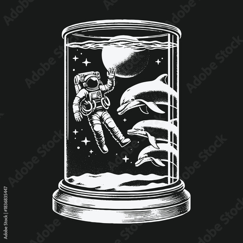 Surreal Astronaut and Dolphins Floating in a Space Jar.