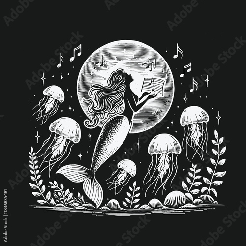 Enchanting Mermaid Sings a Moonlight Serenade to Jellyfish.
