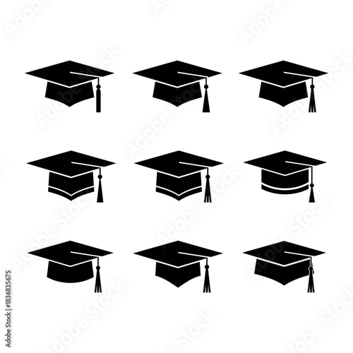 Graduation Cap Icons Silhouette - Education Diploma Vector Set