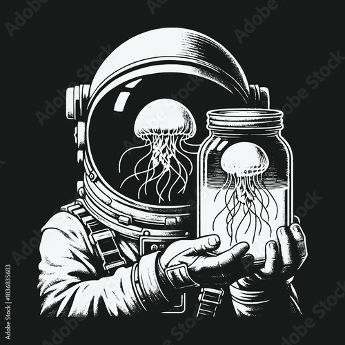 Surreal black and white illustration of an astronaut holding a jellyfish in a jar.