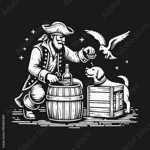 Bearded Pirate Captain Sharing a Meal with His Loyal Dog and Bird.