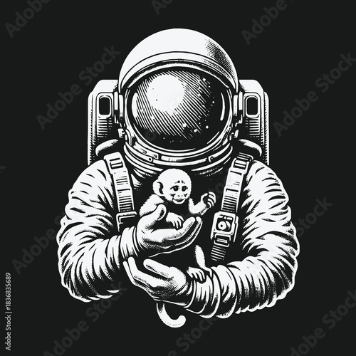 Astronaut in outer space gently holding a baby monkey.