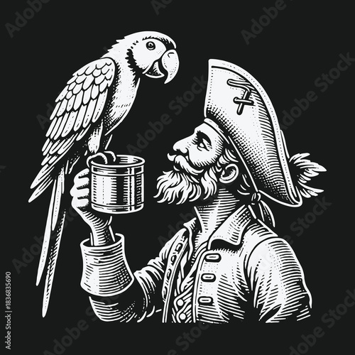 Vintage engraving style illustration of a pirate captain with his parrot.