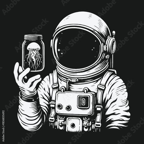Monochrome illustration of an astronaut in space holding a captured jellyfish in a jar.
