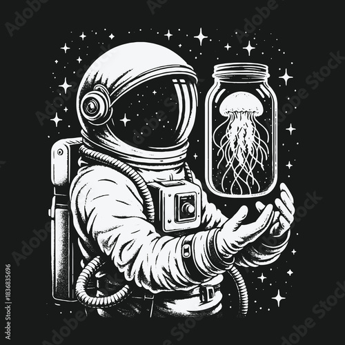 Astronaut in outer space holding a jar with a glowing jellyfish specimen.
