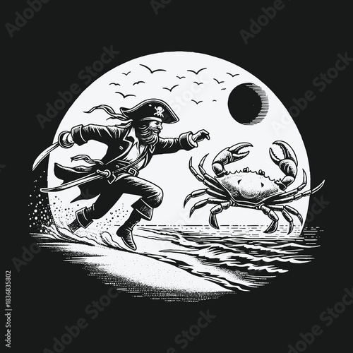 A swashbuckling pirate runs from a giant crab on a moonlit beach.