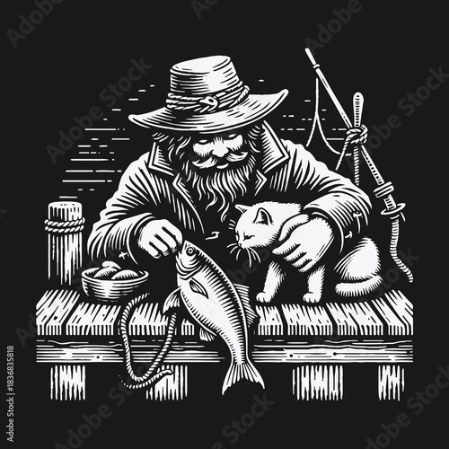 Old fisherman and his cat on a wooden pier with a fresh catch.