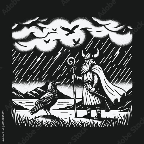 Norse God Odin with His Raven in a Stormy Landscape.