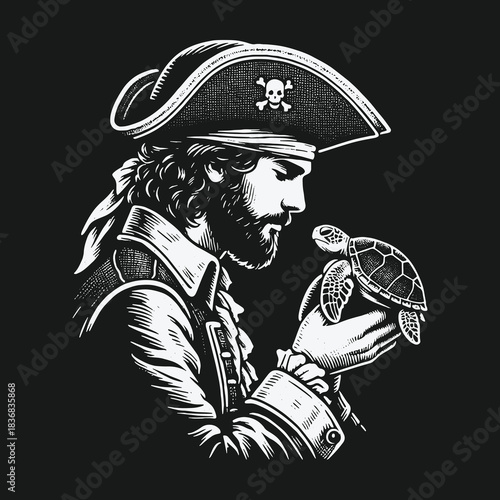 A gentle pirate captain tenderly holding a small sea turtle.