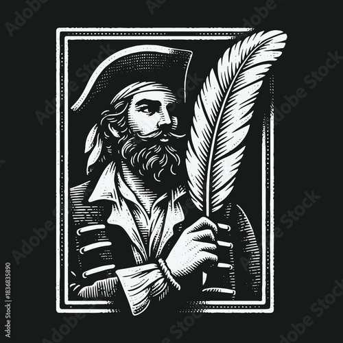 Vintage woodcut illustration of a pirate captain writing with a quill pen.