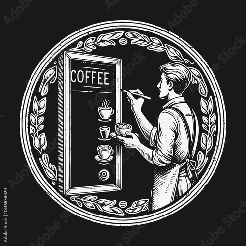 Vintage barista writing on a coffee shop menu board illustration.