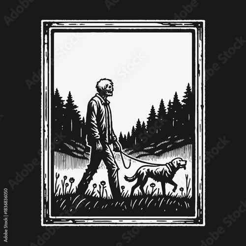 Macabre woodcut style illustration of a skeleton walking a dog in nature.
