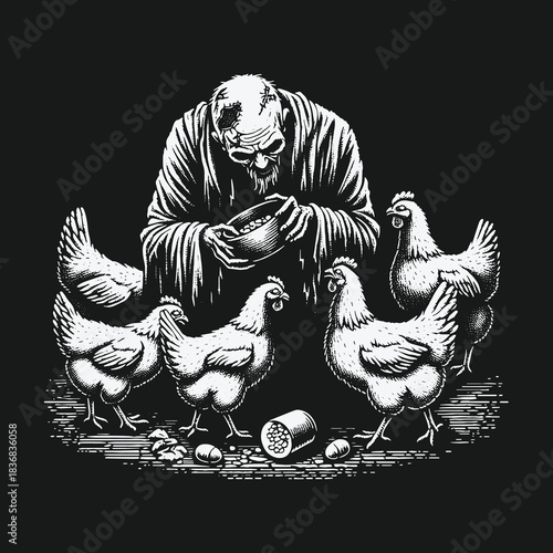 Gothic horror illustration of a skeleton farmer feeding chickens.