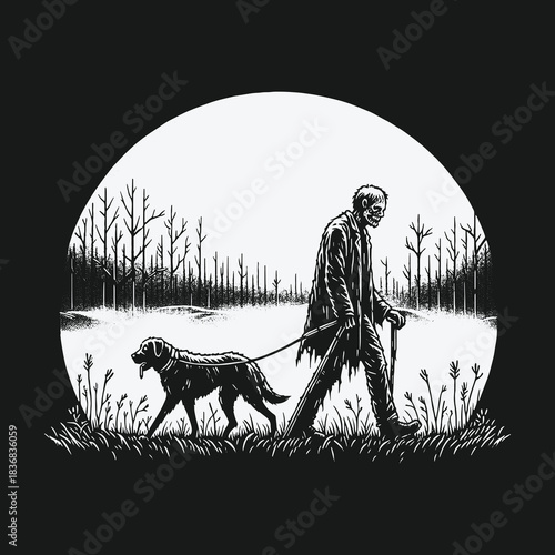 Monochrome illustration of an undead man walking his dog through a desolate swamp at night.