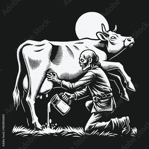 Macabre illustration of a skeleton milking a cow at night.