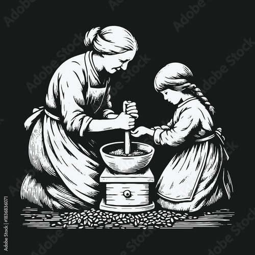 Mother and daughter grinding coffee beans together vintage illustration.