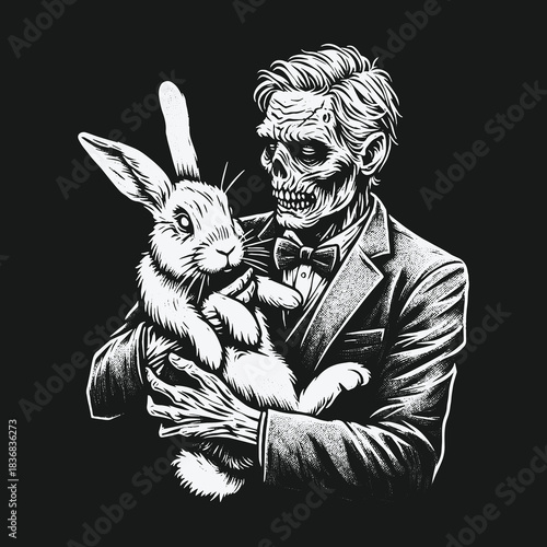 An undead gentleman in a formal suit holding a cute rabbit.