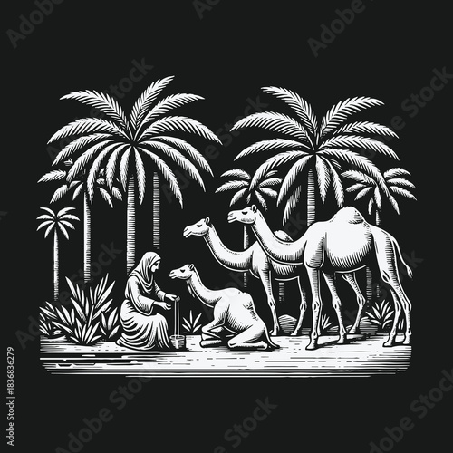 Vintage black and white engraving of a desert oasis with camels and palm trees.