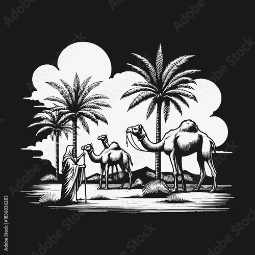 Black and white desert scene with a traveler and camels under palm trees.