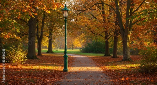 Scenic park path lined with trees in fall colors, centered by a lamppost, bathed in sunlight