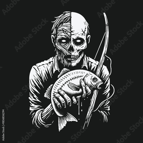 Monochrome illustration of a zombie fisherman holding his catch.