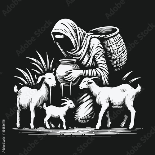 A robed figure kneels to nurture a family of goats from a clay pot in a stark black and white illustration.