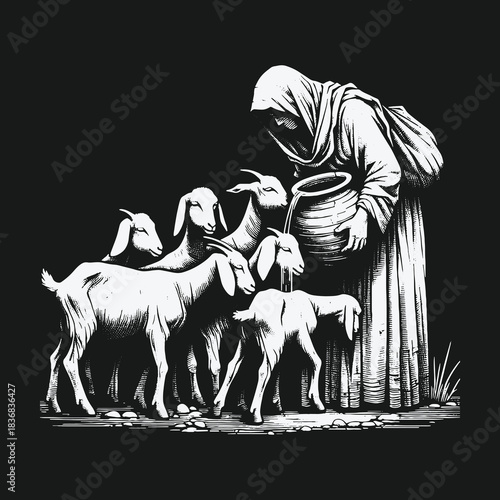 Hooded figure pouring water for a herd of young goats illustration.