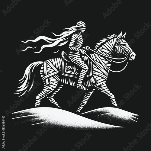 Mysterious mummy figure riding a bandaged horse illustration.