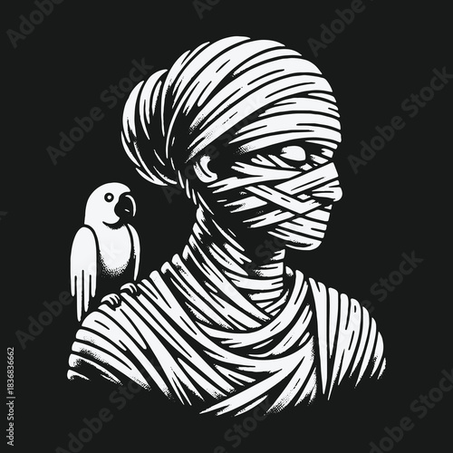 Mysterious bandaged woman with a parrot companion illustration.