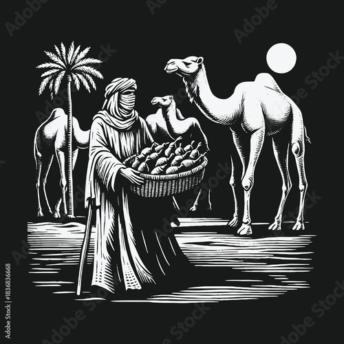 Bedouin man carrying a basket of dates in the desert with camels.