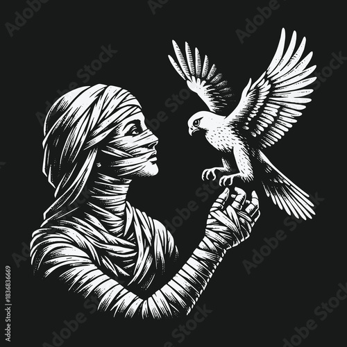 Mysterious bandaged mummy woman holding a majestic falcon illustration.