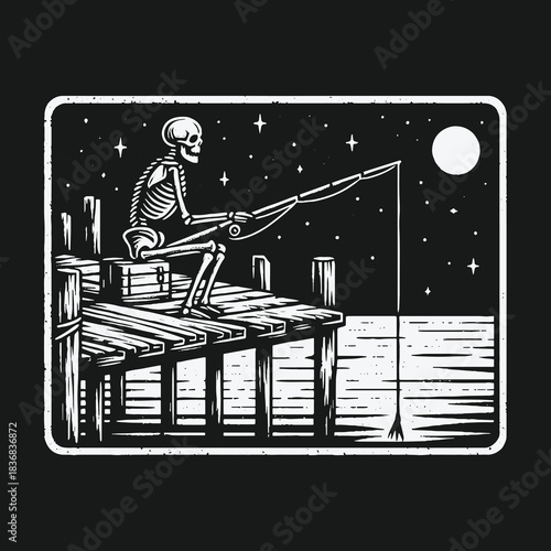 Skeleton fisherman on a wooden dock at night.