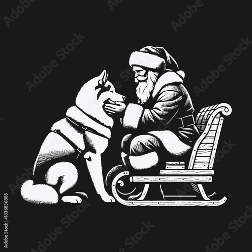 Santa Claus and his faithful husky companion in a sleigh.