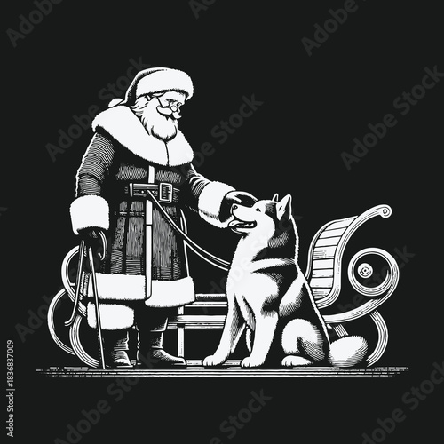 Classic black and white illustration of Santa Claus with his husky dog by a sleigh.