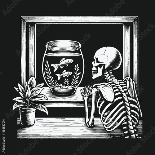 Contemplative skeleton watching two fish in a glass bowl.