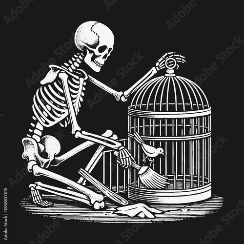 Symbolic black and white illustration of a skeleton with a bird and cage.